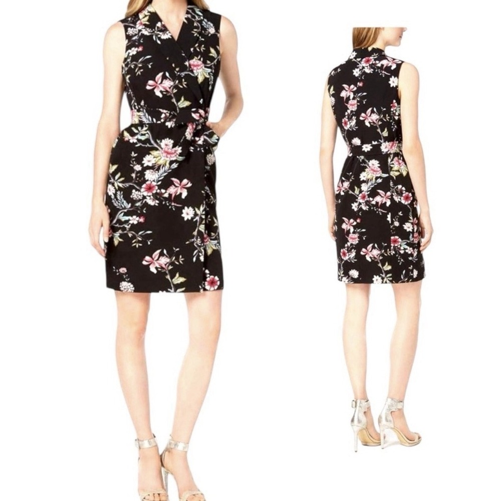 Calvin Klein Women's Wrap Dress Black Floral Belted Sleeveless Collared SZ-6P